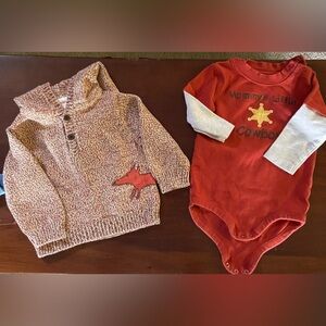 Two Gymboree boys’ size 6-12 mos tops - one hooded sweater and one cowboy onesie